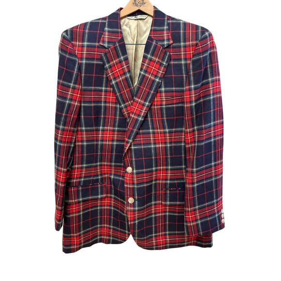 Vintage Izod Lacoste Mens Tartan Plaid Blazer Jacket Red Navy - Picture 1 of 8